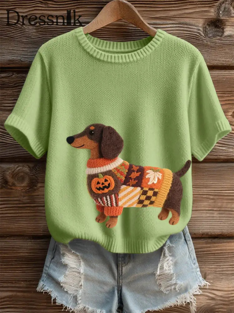 Damen Halloween inspirierte Dackel Filz kunst Gemütliches Strick oberteil Hellgrün / S