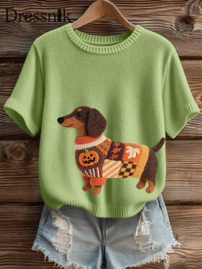 Damen Halloween inspirierte Dackel Filz kunst Gemütliches Strick oberteil Hellgrün / S