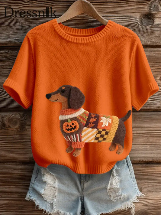 Damen Halloween inspirierte Dackel Filz kunst Gemütliches Strick oberteil Orange / S