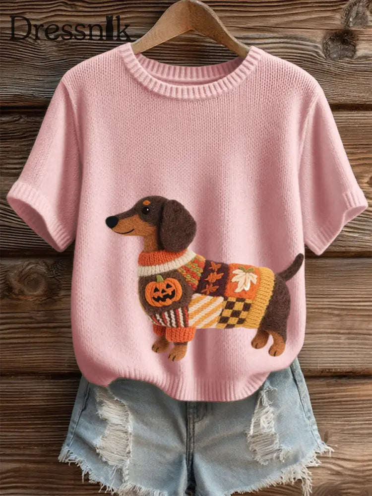 Damen Halloween inspirierte Dackel Filz kunst Gemütliches Strick oberteil Rosa / S