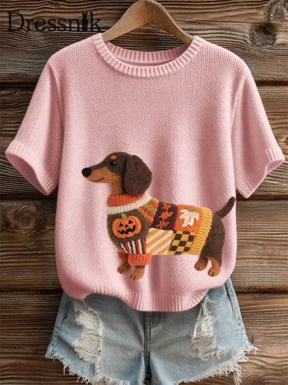 Damen Halloween inspirierte Dackel Filz kunst Gemütliches Strick oberteil Rosa / S