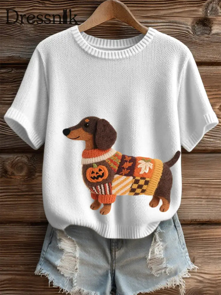 Damen Halloween inspirierte Dackel Filz kunst Gemütliches Strick oberteil Weiß / S
