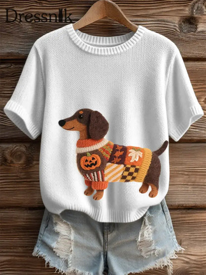Damen Halloween inspirierte Dackel Filz kunst Gemütliches Strick oberteil Weiß / S