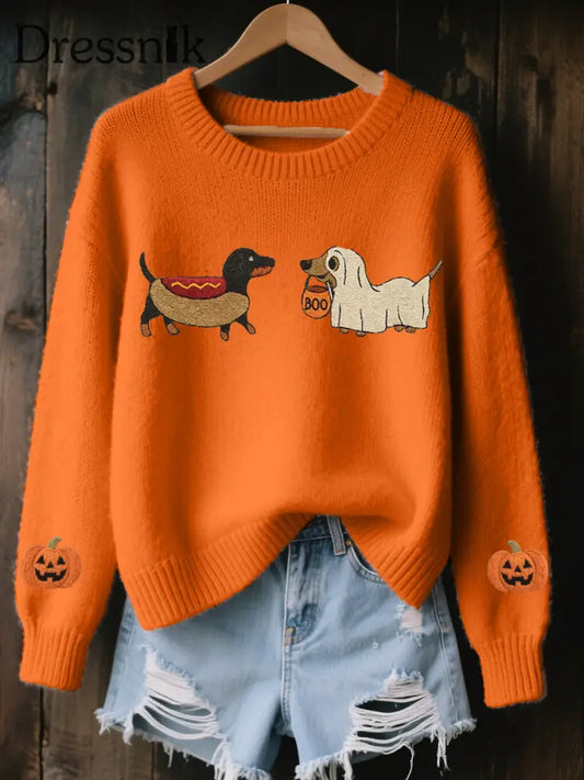Damen Halloween inspirierter Dackel Bestickt Gemütliche Strick pullover Orange / S