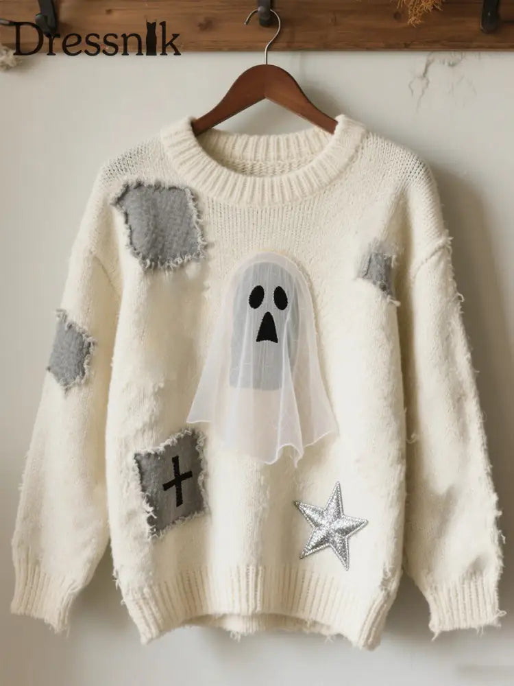 Damen Halloween Kontrast Patch Komfort Strick pullover als bild / S