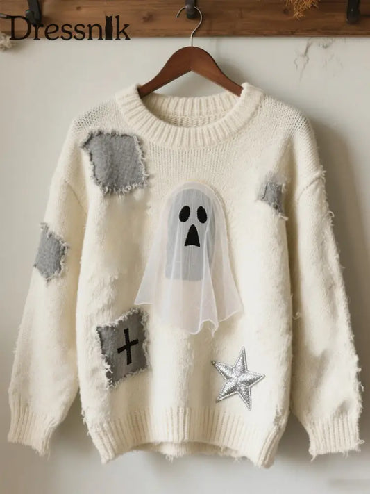 Damen Halloween Kontrast Patch Komfort Strick pullover als bild / S