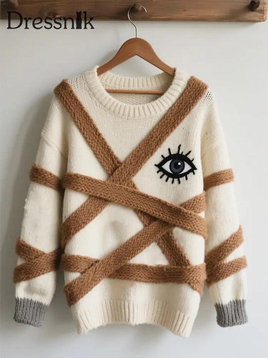 Damen Halloween Kontrast Patch Komfort Strick pullover als bild / S