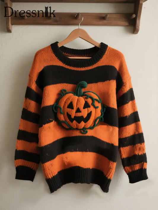 Damen Halloween Kontrast Patch Komfort Strick pullover als bild / S