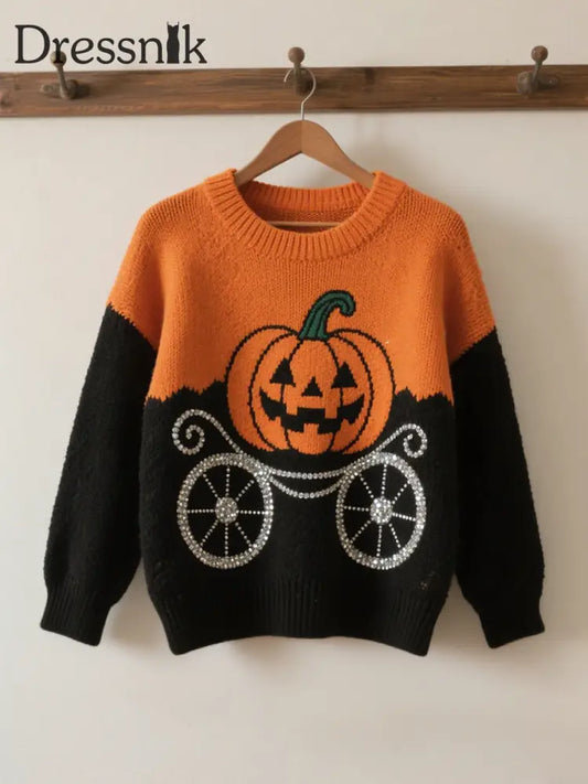 Damen Halloween Kontrast Patch Komfort Strick pullover als bild / S