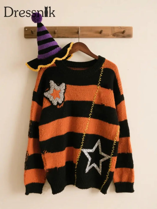 Damen Halloween Kontrast Patch Komfort Strick pullover als bild / S