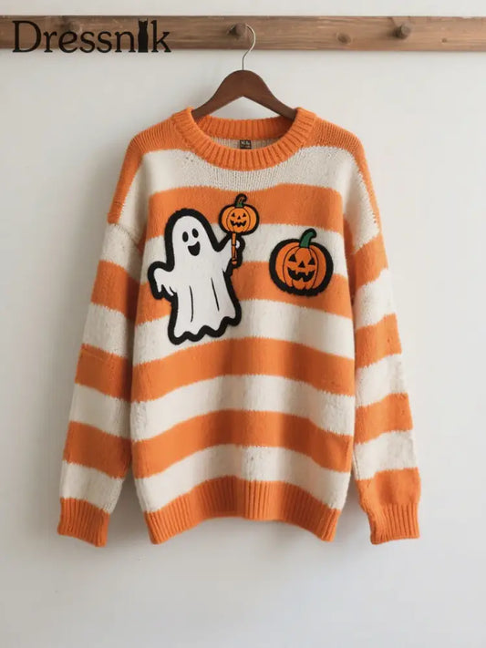 Damen Halloween Kontrast Patch Komfort Strick pullover als bild / S