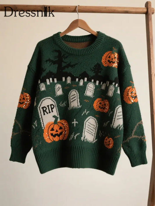 Damen Halloween Kontrast Patch Komfort Strick pullover als bild / S
