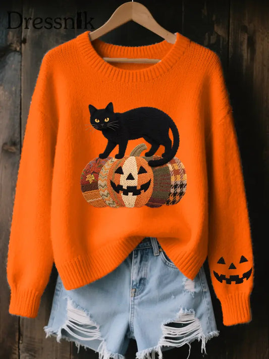 Damen Halloween Schwarze Katze Bestickte Gemütliche Strick pullover Orange / S