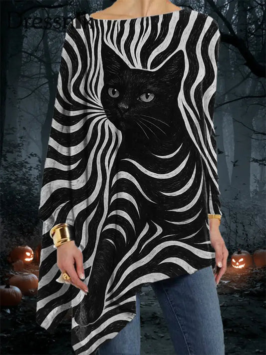 Damen Halloween schwarze Katzen streifen bedrucken lässiges Oberteil Schwarz / S