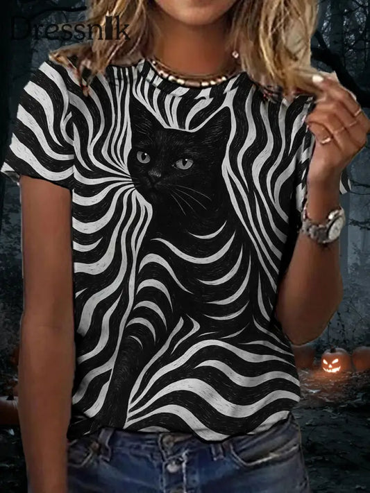 Damen Halloween schwarze Katzen streifen drucken lässiges T-Shirt Schwarz / S