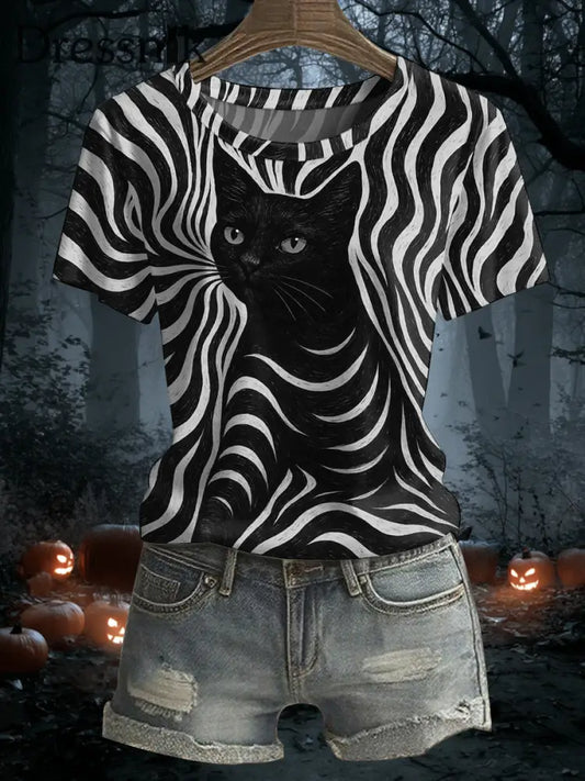 Damen Halloween schwarze Katzen streifen drucken lässiges T-Shirt Schwarz / S