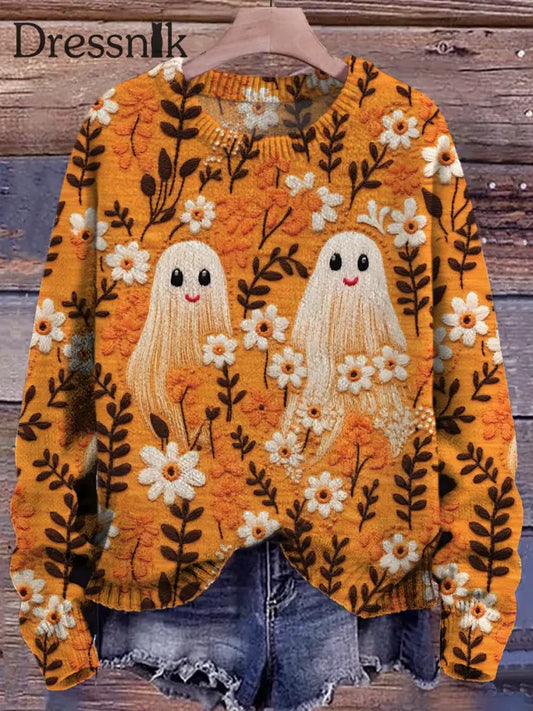 Damen Happy Flower Ghost Stickerei 3D-Druck Rundhals Langarm Lose Bequeme Strick Pullover Als Foto