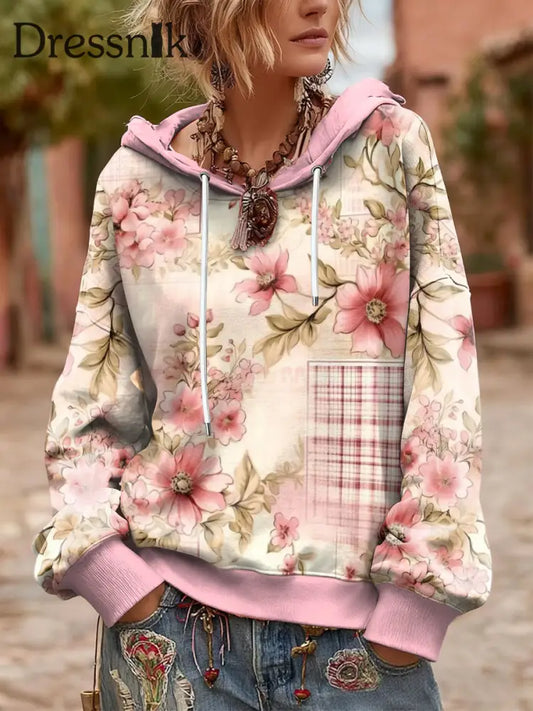 Damen hellrosa Vintage Blumen übergroßes Kapuzen-Sweatshirt Rosa / S