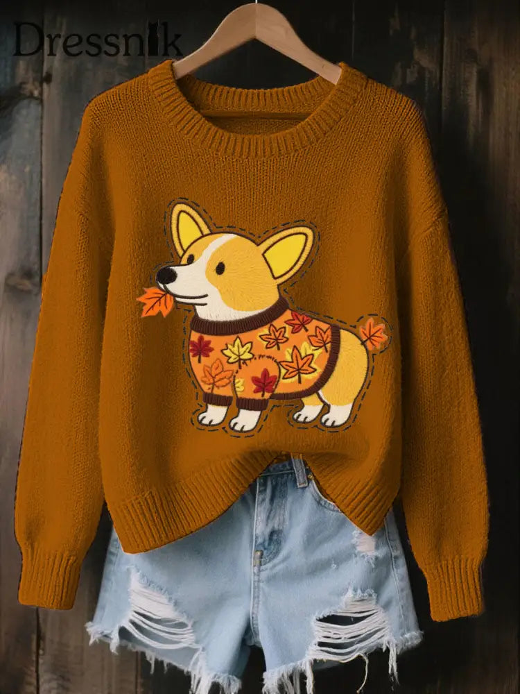 Damen Herbst Hunde Kunstdruck O Ausschnitt Sweatshirt mit langen Ärmeln Kürbis orange / S