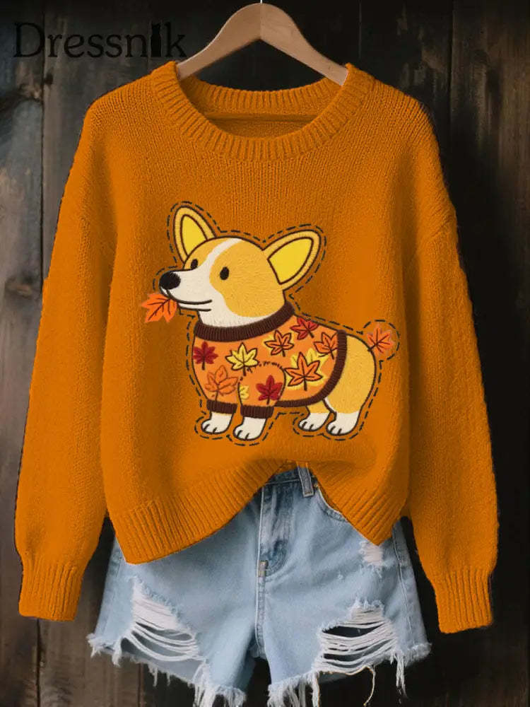 Damen Herbst Hunde Kunstdruck O Ausschnitt Sweatshirt mit langen Ärmeln Orange / S
