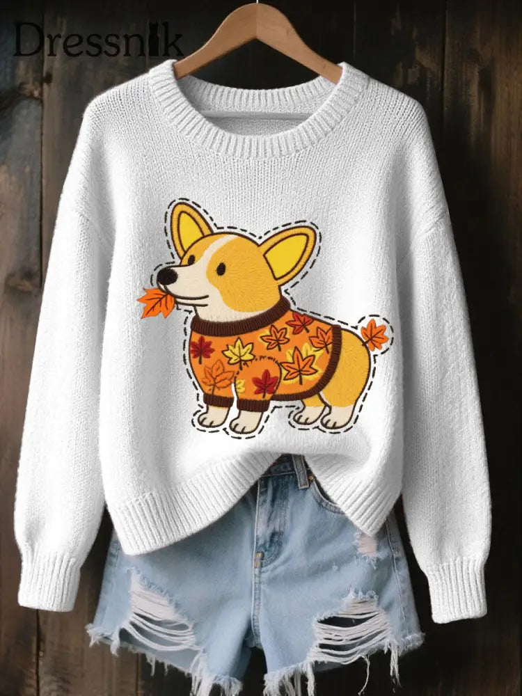 Damen Herbst Hunde Kunstdruck O Ausschnitt Sweatshirt mit langen Ärmeln Weiß / S