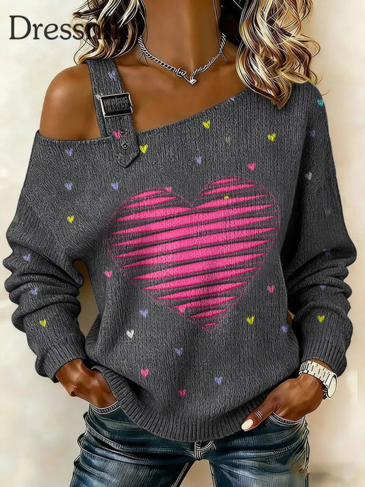 Damen Herz druck Casual Top Grau / S