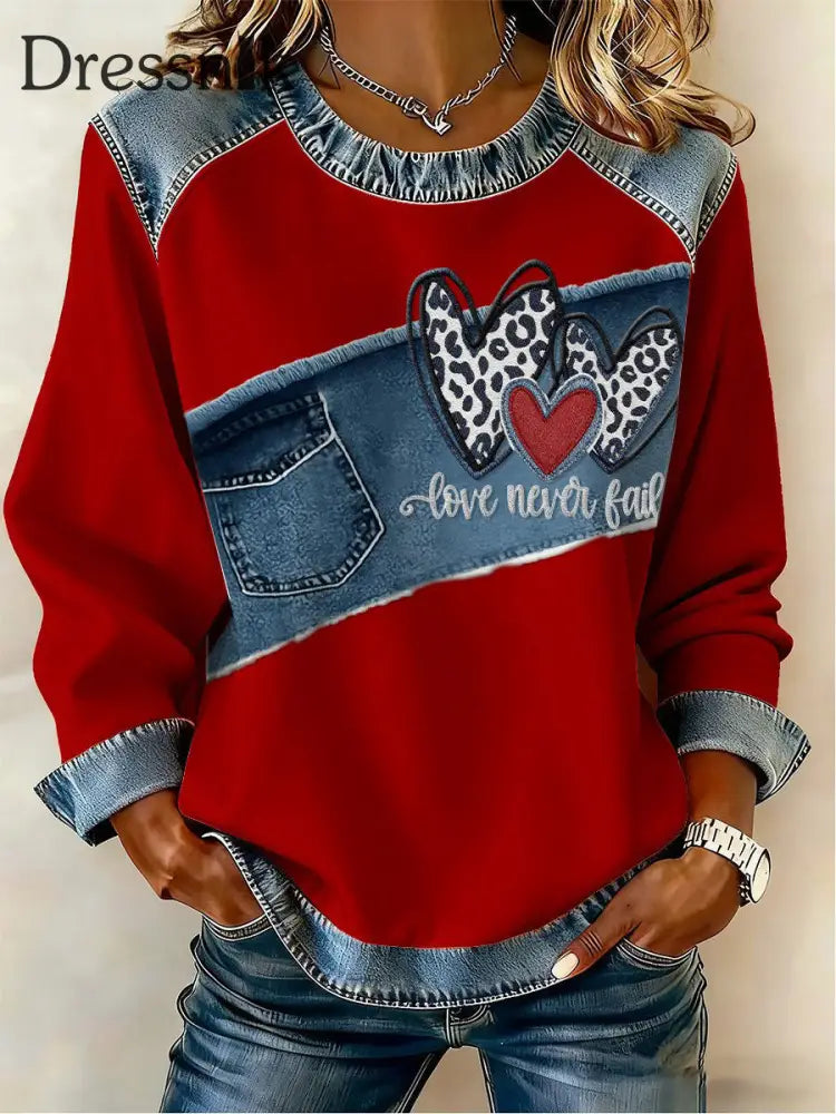 Damen Herz druck Casual Top Rot / S