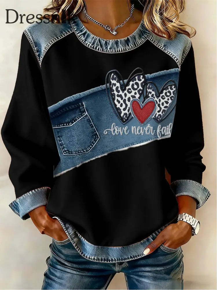 Damen Herz druck Casual Top Schwarz / S