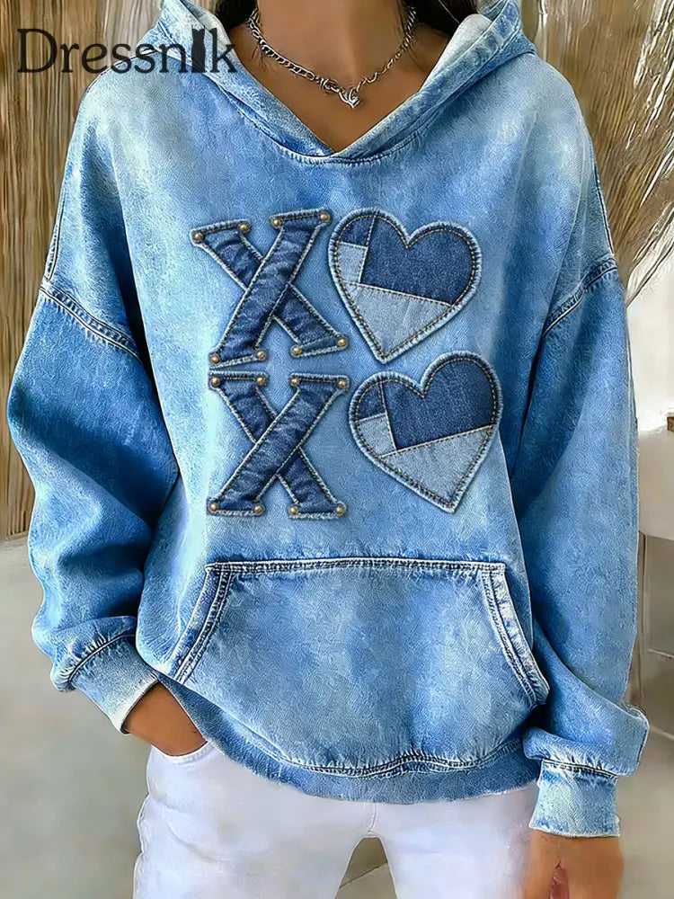 Damen-Herz-Patchwork-Print-Sweatshirt mit Kapuze als bild / S