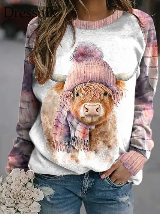 Damen-Highland-Kuh-Sweatshirt mit Raglan-Ärmel bedruckt Rosa / S
