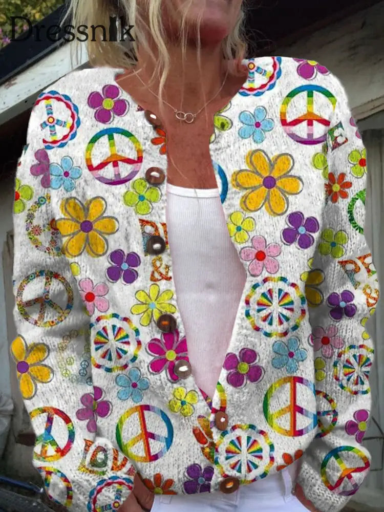 Damen Hippie Kunstdruck V-Ausschnitt Lang Ärmel Ige Strickjacke Mit Knöpfen A / S