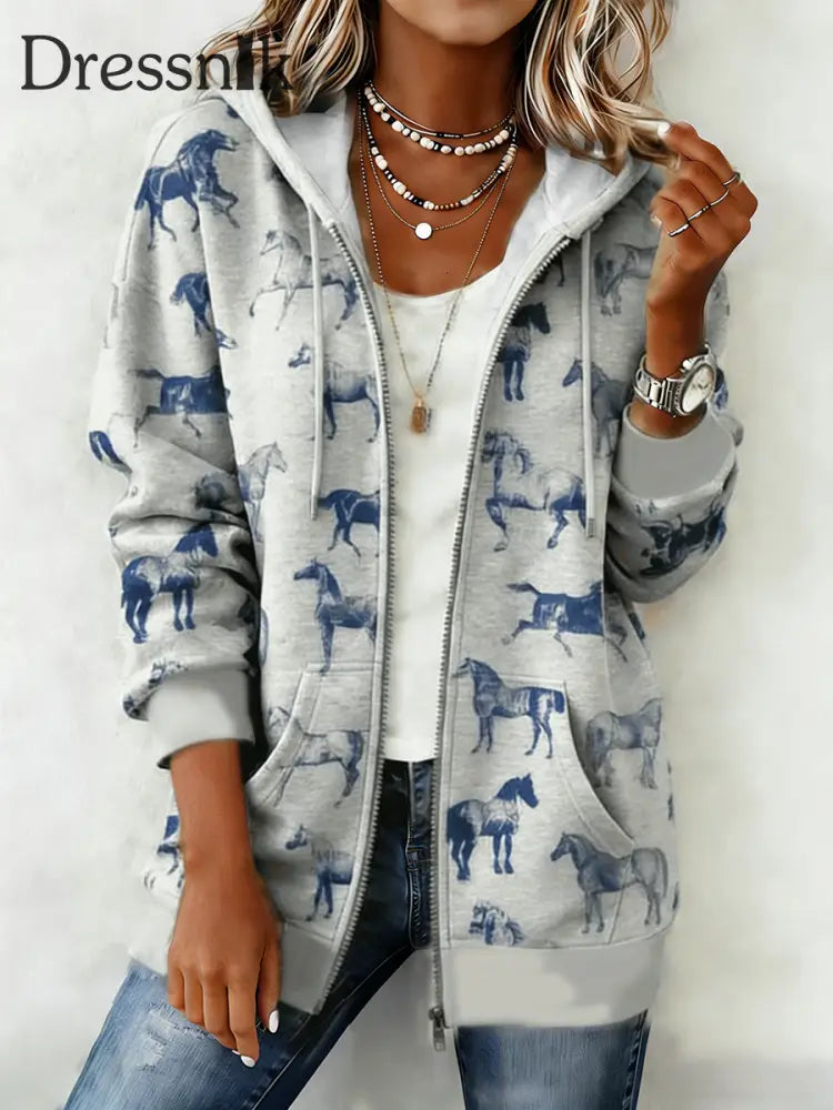 Damen Hoodie mit westlichem Muster mit Reiß verschluss Off-White / S