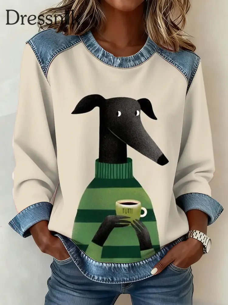 Damen Hund Kaffee Kunst Denim Patchwork Top S