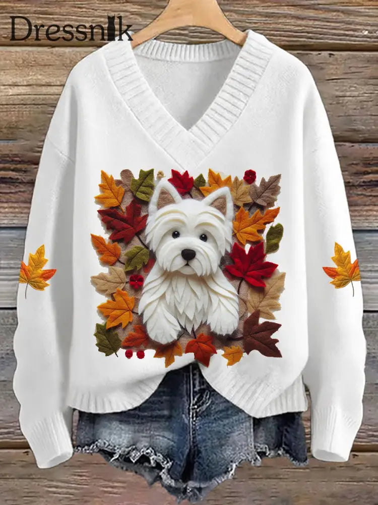 Damen Hunde Ahornblatt Imitation pullover mit V Ausschnitt Weiß / S