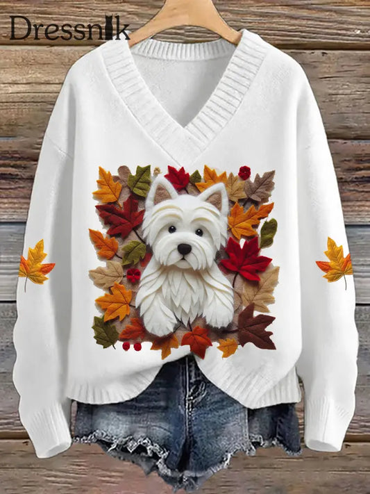 Damen Hunde Ahornblatt Imitation pullover mit V Ausschnitt Weiß / S
