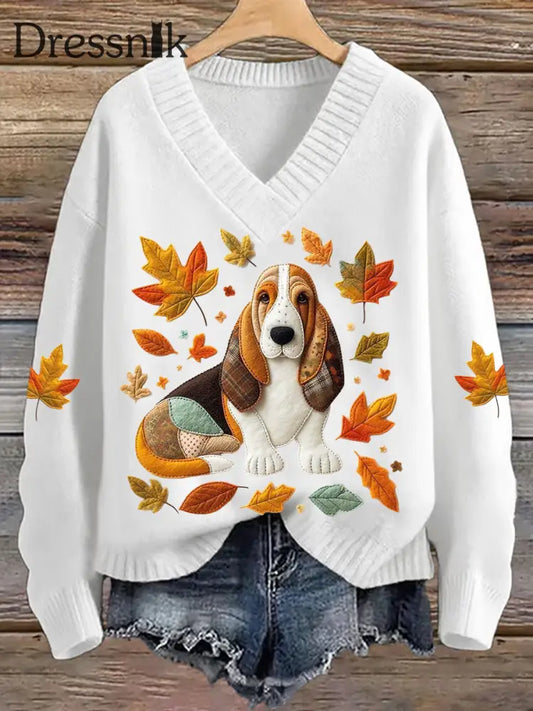 Damen Hunde Ahornblatt Imitation pullover mit V Ausschnitt Weiß / S
