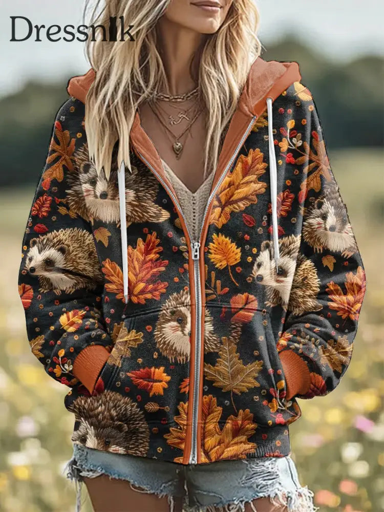 Damen Igel Print Lässige bequeme Langarm Oberbekleidung als bild / S