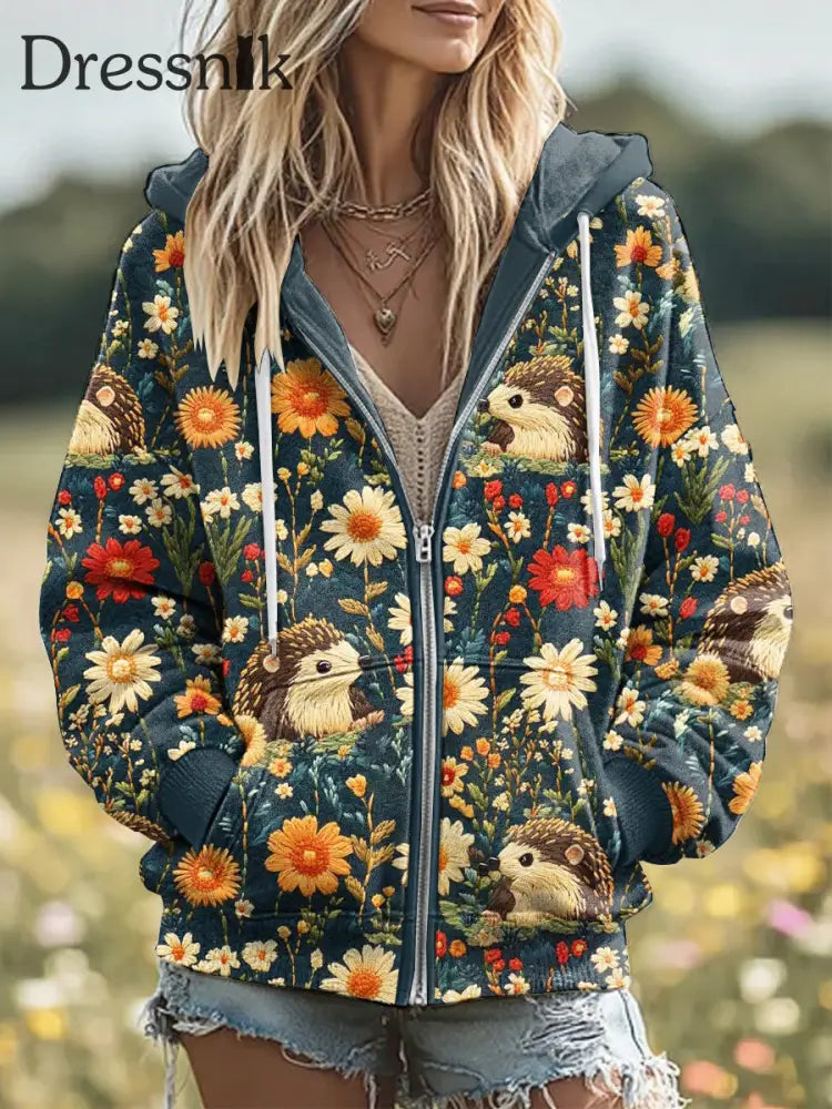 Damen Igel Print Lässige bequeme Langarm Oberbekleidung als bild / S