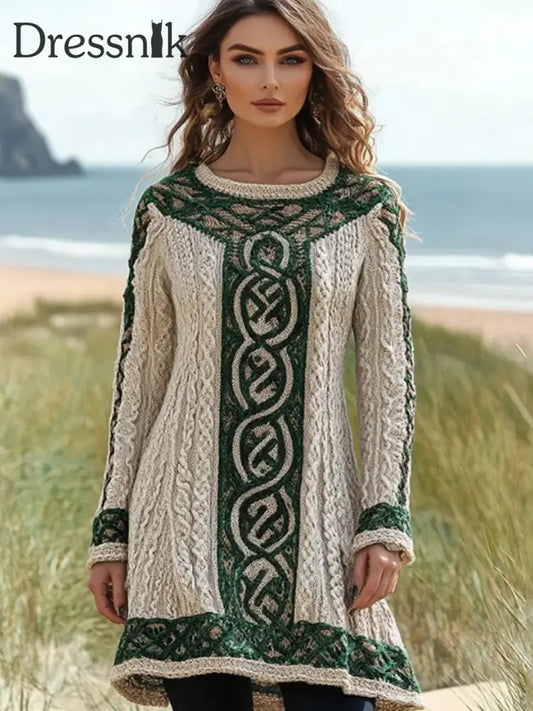 Damen Irisches keltisches geknüpftes Kontrast pullover kleid mit Rundhals ausschnitt als bild / S