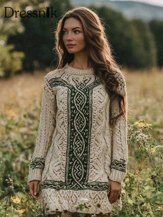 Damen Irisches keltisches kontrastieren des Rundhals-Pullover kleid als bild / S