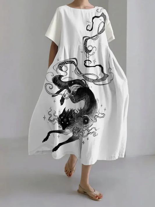 Damen japanische Kunst lässige Kurzarm kleider als bild / S