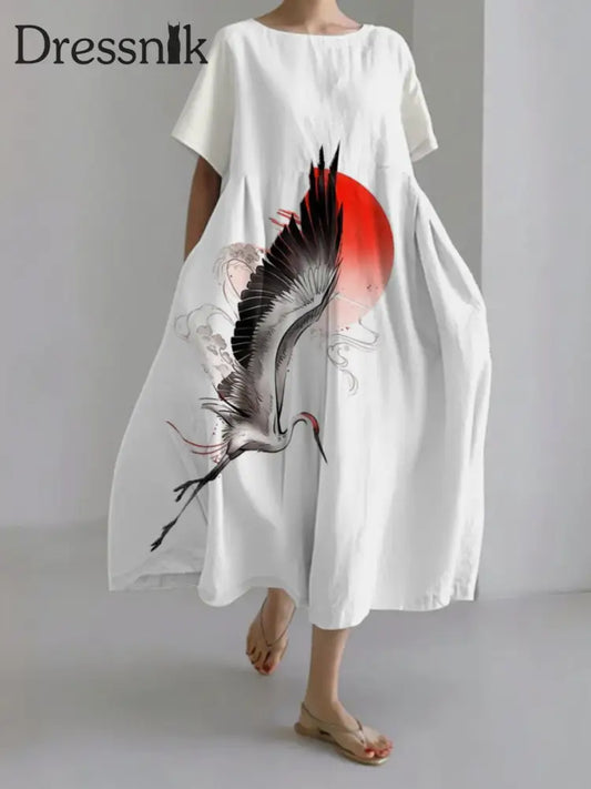 Damen japanische Kunst lässige Kurzarm kleider Weiß / S