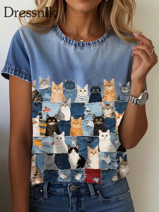 Damen Jeans Katze T-Shirt blau / S
