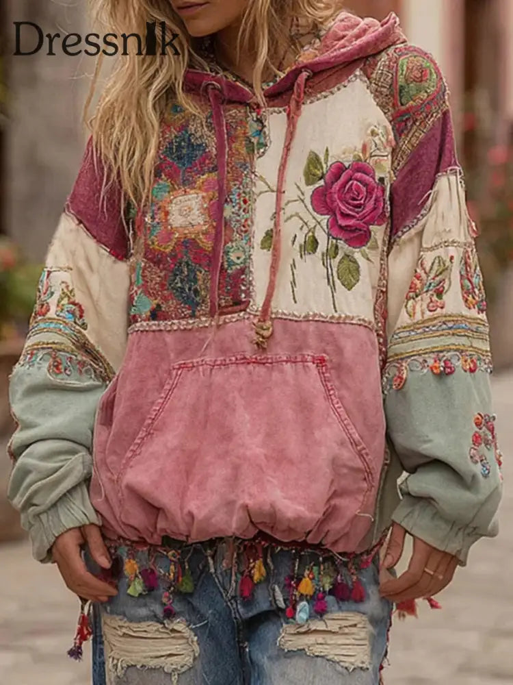 Damen Kapuzen pullover mit rosa Blumen druck als bild / S