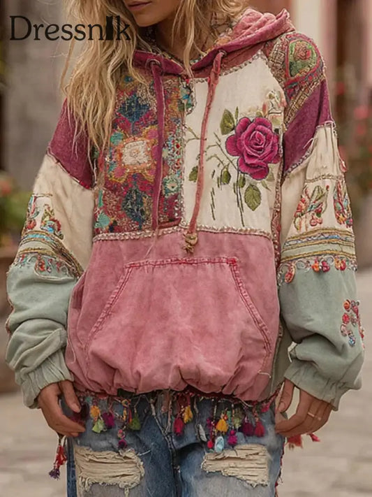 Damen Kapuzen pullover mit rosa Blumen druck als bild / S