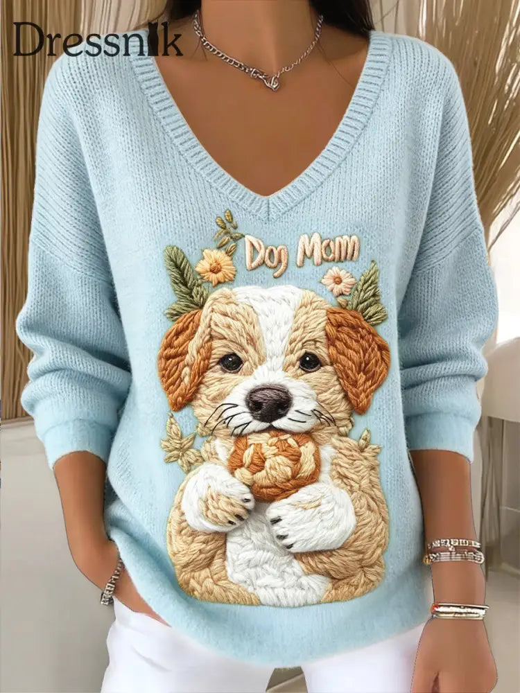 Damen-Kapuzen pullover mit V-Ausschnitt blauer niedlicher Hunde druck blau / S