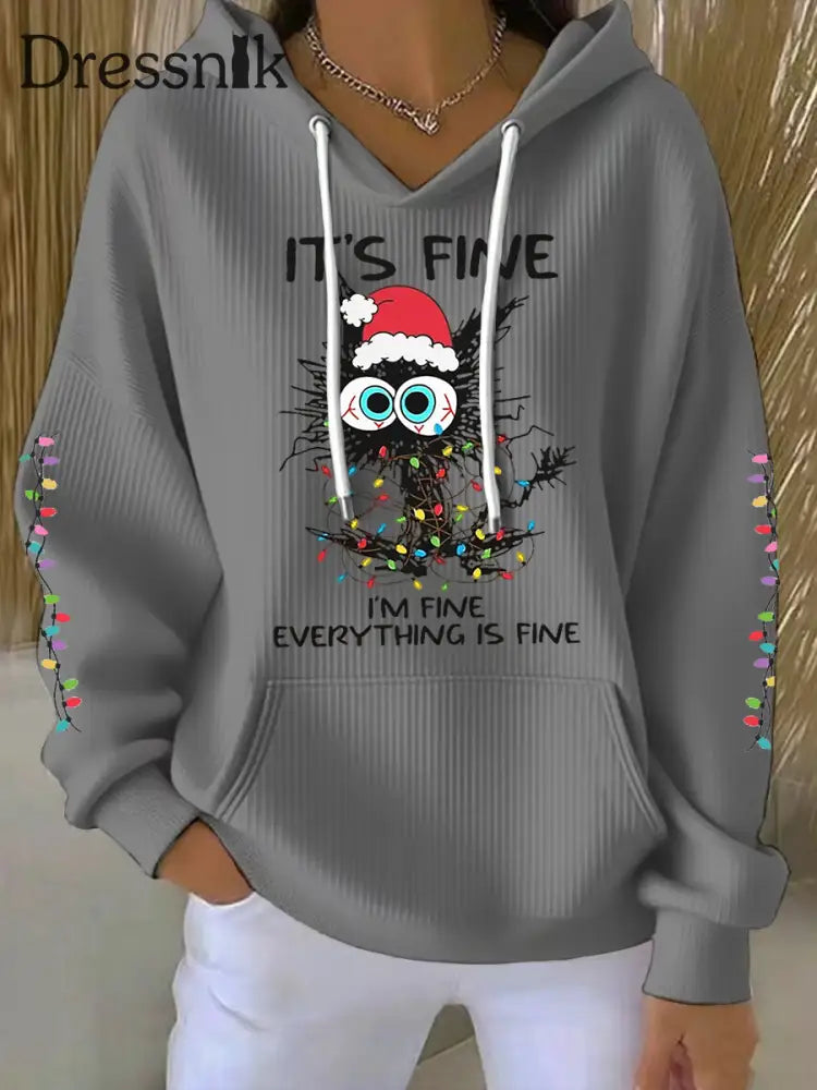Damen Kapuzen pullover mit Weihnachts katzen druck Grau / S