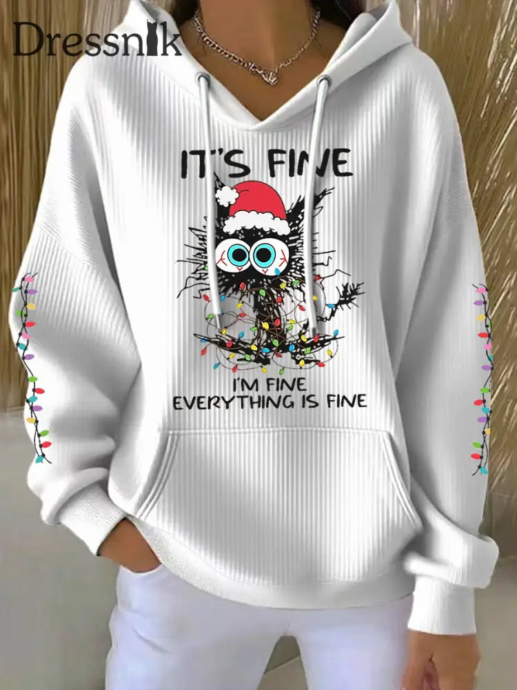 Damen Kapuzen pullover mit Weihnachts katzen druck Weiß / S