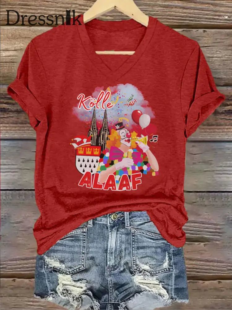 Damen Karneval in Köln Jacke Lappenclown Eisen auf Kurzarm T-Shirt Rot / S