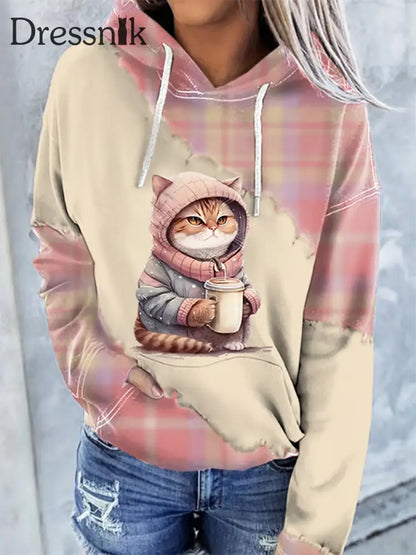 Damen Katze Bedruckt Hoodie Cremig-Weiß / S
